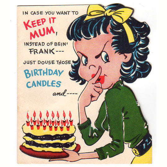 Vintage 1940s Sangamon Birthday Greeting Card Woman with Cake and Lit Candles - Avid Vintage