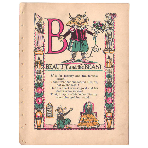Vintage 1926 Tony Sarg Alphabet Page B for Beauty and the Beast Color Illustration Print - Avid Vintage