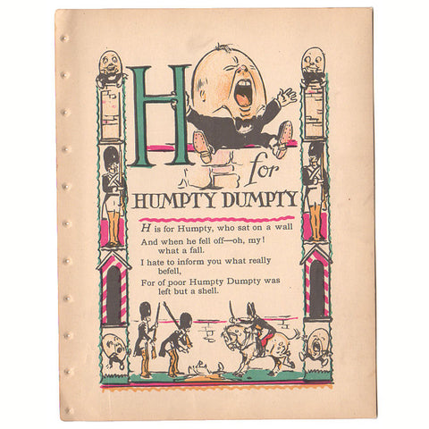 Original 1926 Tony Sarg Alphabet Page H for Humpty Dumpty Color Illustration Print - Avid Vintage