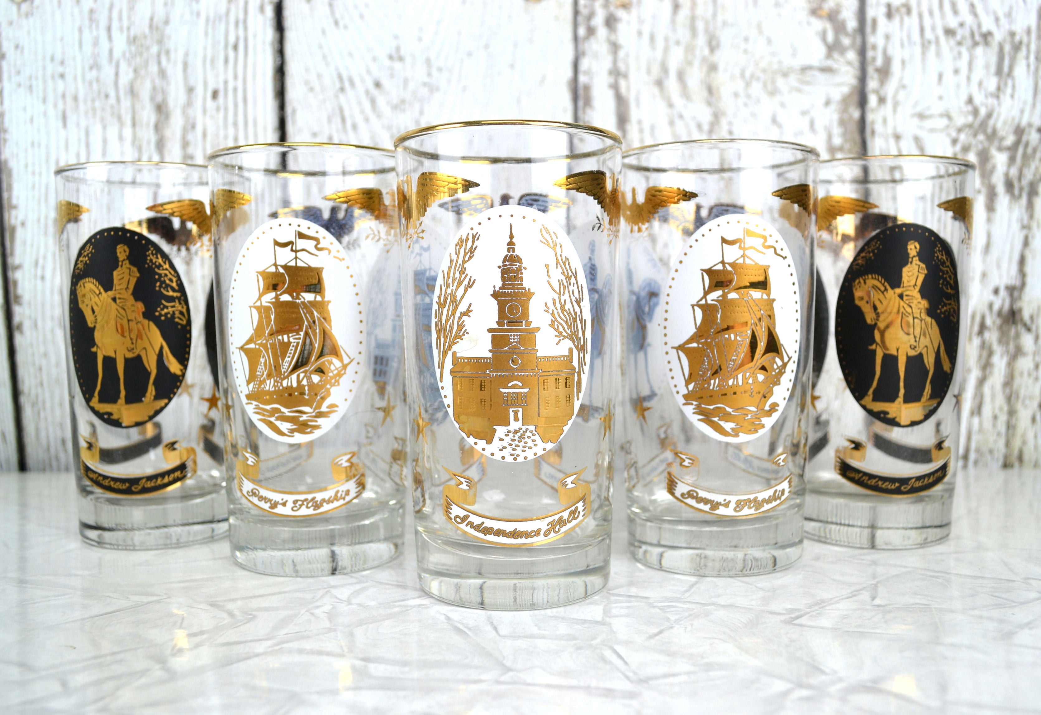 Vintage Patriotic Highball Glass Tumblers Set of 5 Americana Medallions Libbey Glassware 12 oz - Avid Vintage