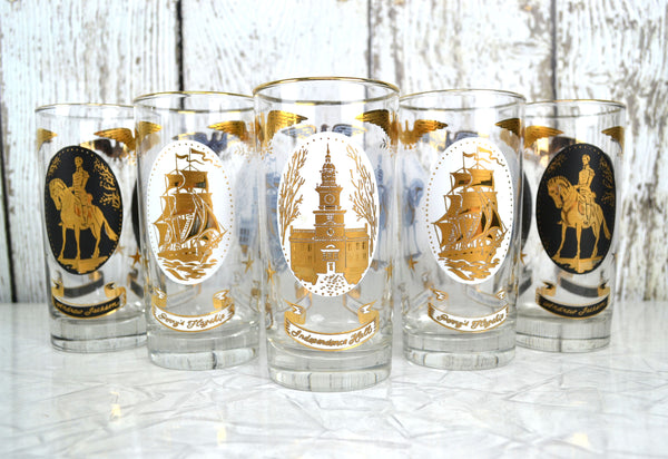 Vintage Patriotic Highball Glass Tumblers Set of 5 Americana Medallions Libbey Glassware 12 oz - Avid Vintage