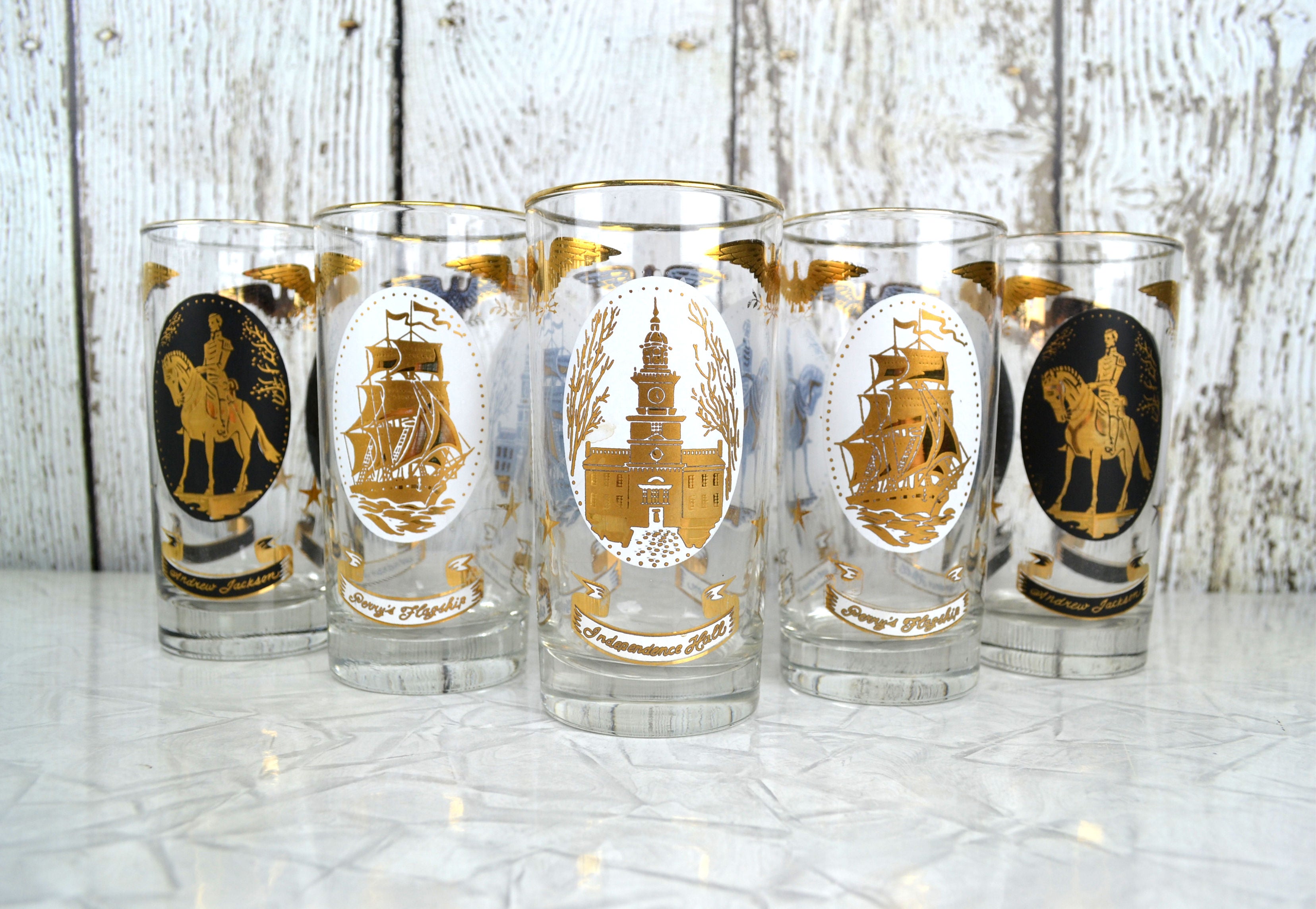 Vintage Patriotic Highball Glass Tumblers Set of 5 Americana Medallions Libbey Glassware 12 oz - Avid Vintage