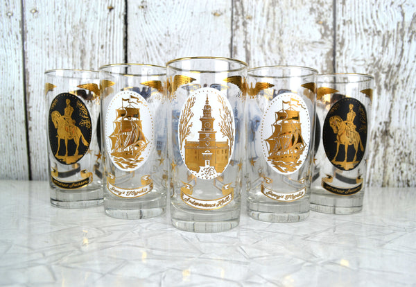 Vintage Patriotic Highball Glass Tumblers Set of 5 Americana Medallions Libbey Glassware 12 oz - Avid Vintage
