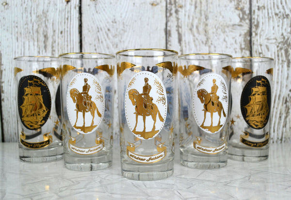 Vintage Patriotic Highball Glass Tumblers Set of 5 Americana Medallions Libbey Glassware 12 oz - Avid Vintage