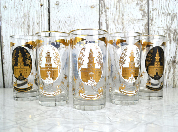 Vintage Patriotic Highball Glass Tumblers Set of 5 Americana Medallions Libbey Glassware 12 oz - Avid Vintage