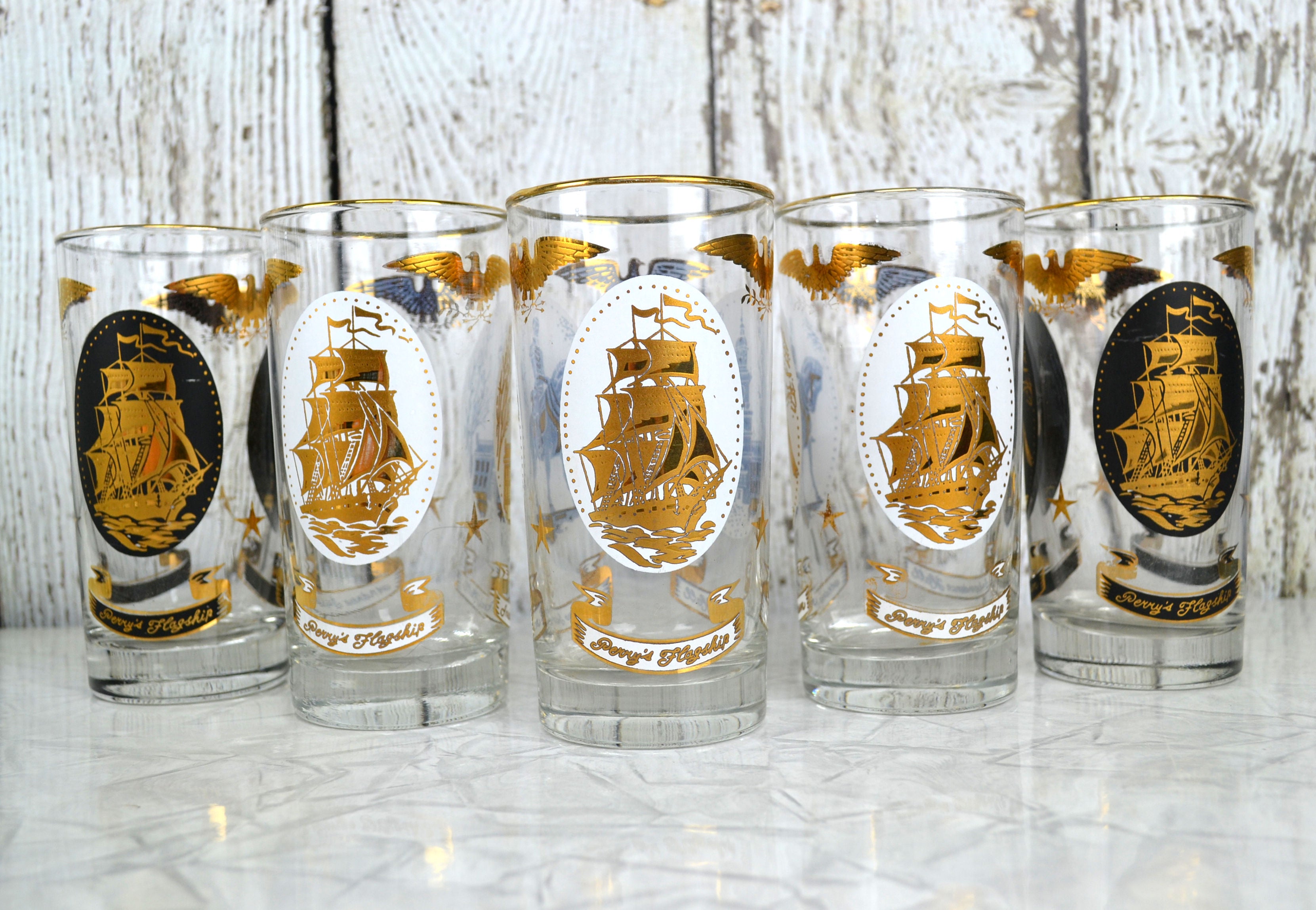 Vintage Patriotic Highball Glass Tumblers Set of 5 Americana Medallions Libbey Glassware 12 oz - Avid Vintage