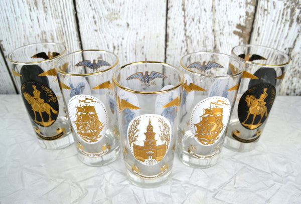 Vintage Patriotic Highball Glass Tumblers Set of 5 Americana Medallions Libbey Glassware 12 oz - Avid Vintage
