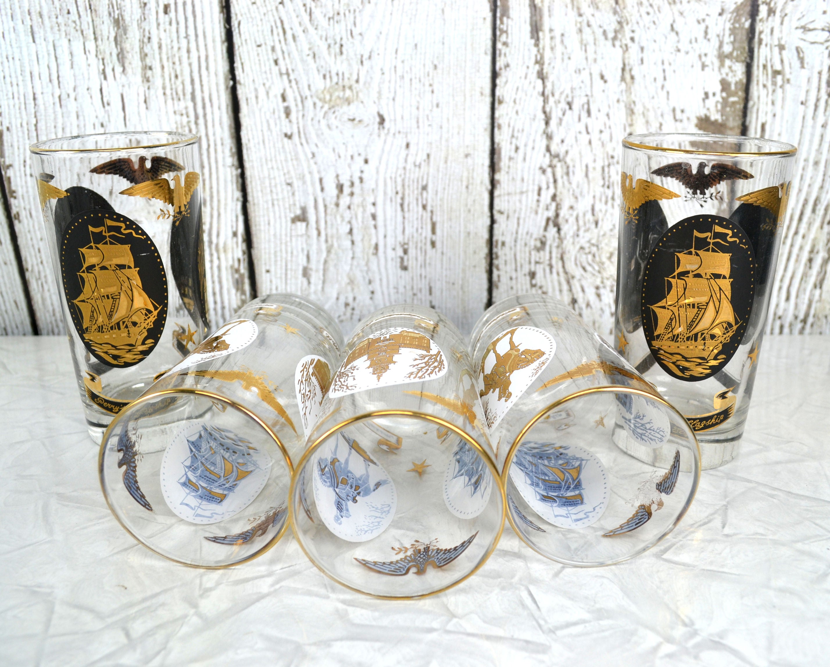 Vintage Patriotic Highball Glass Tumblers Set of 5 Americana Medallions Libbey Glassware 12 oz - Avid Vintage