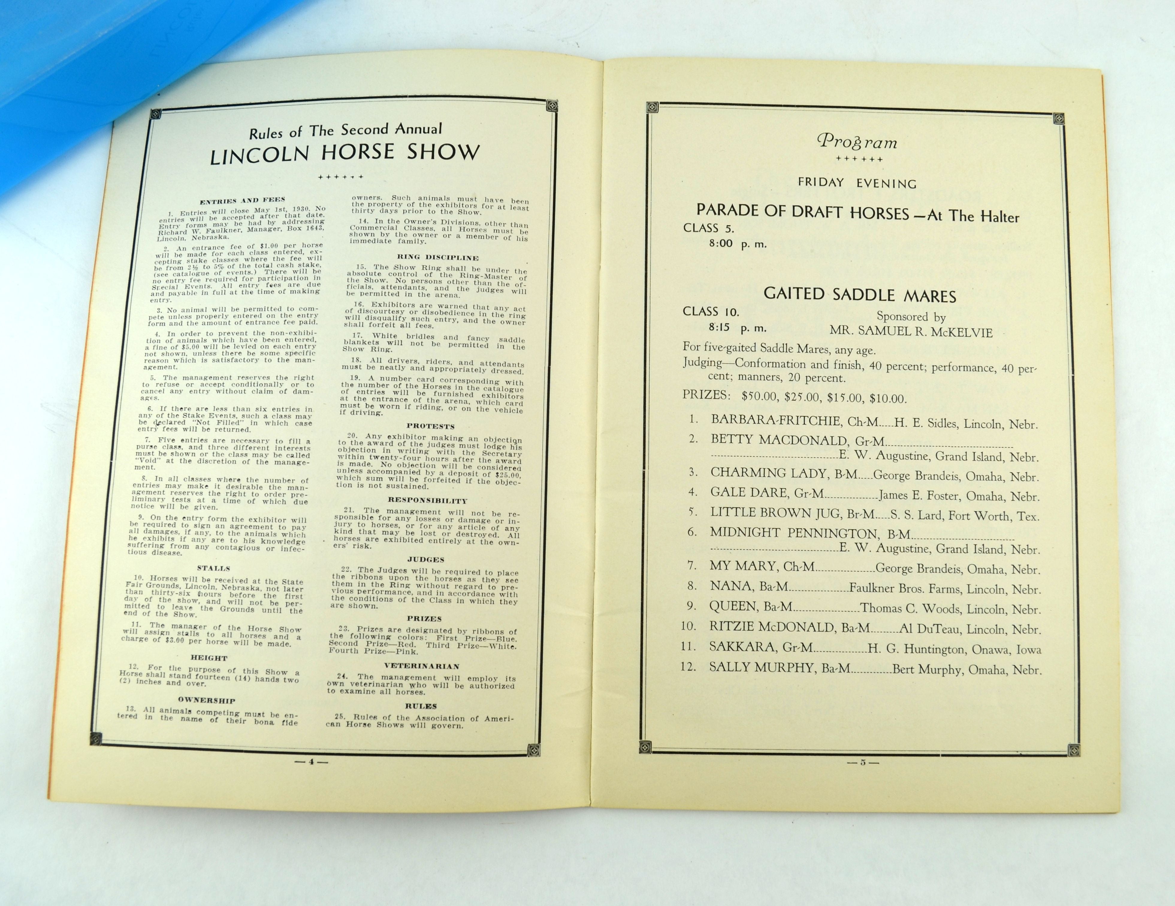Lincoln Nebraska Horse Show Program May 16 and 17 1930 Second Annual - Avid Vintage