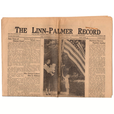 Vintage 1951 Linn and Palmer Kansas Newspaper Genealogy Research History June 8 - Avid Vintage