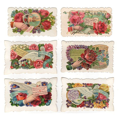 6 Antique Hidden Name Die Cut Victorian Calling Cards Doves Hands Roses