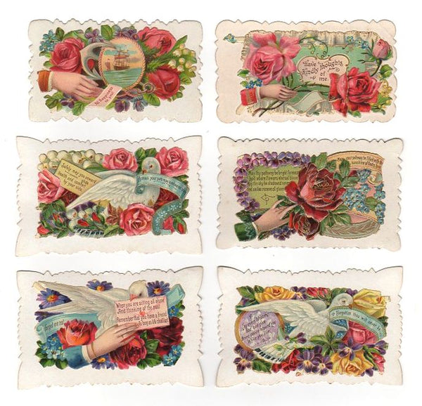 6 Antique Hidden Name Die Cut Victorian Calling Cards Doves Hands Roses