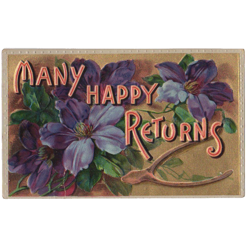 Many Happy Returns Vintage 1911 Embossed Postcard Purple Violets Wishbone - Avid Vintage