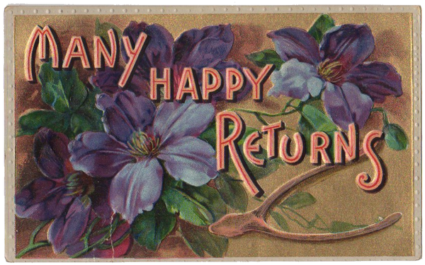 Many Happy Returns Vintage 1911 Embossed Postcard Purple Violets Wishbone - Avid Vintage