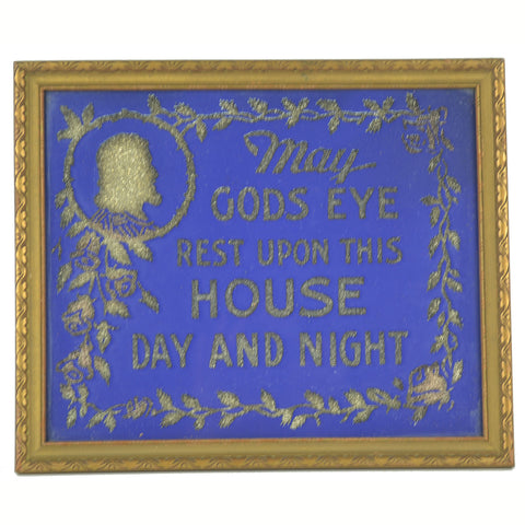 Vintage 1940s Religious Glitter Picture in Wood Frame Blue With Silver May Gods Eye - Avid Vintage