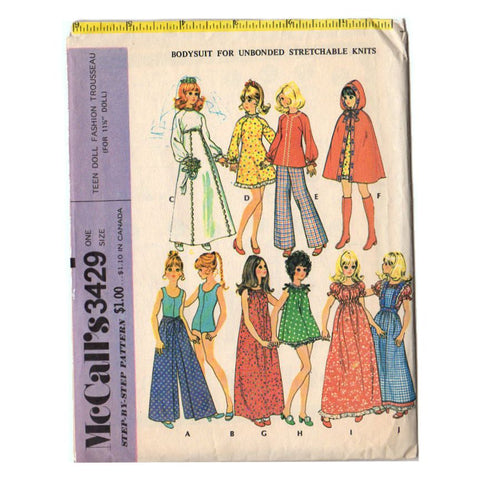 1970s Simplicity Sewing Pattern 3429 Vintage 11.5 Inch Teen Doll Fashion Trousseau