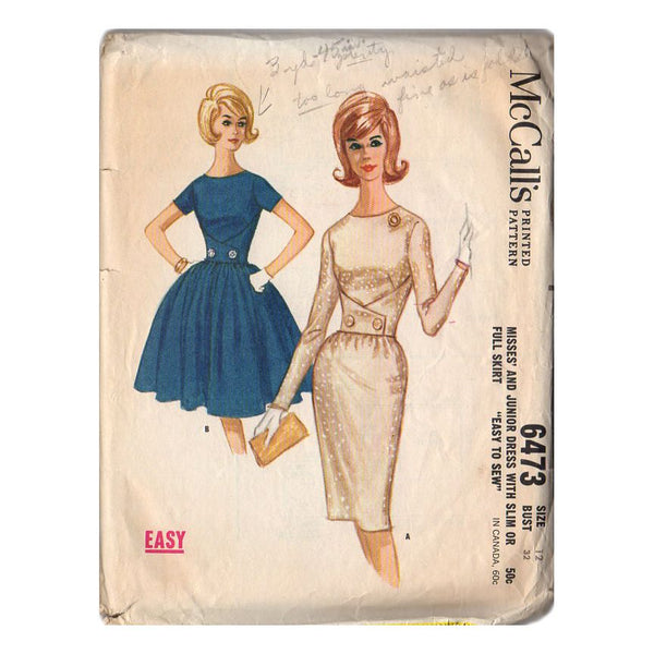 Vintage 1960s McCall's Sewing Pattern 6473 Slim or Full Skirt Bust 32