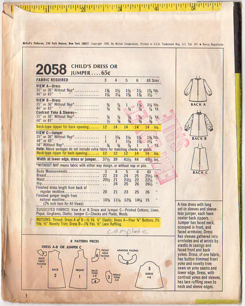 McCall's 2058 Vintage 1960s Girls A Line Dress Sewing Pattern McCalls Sz 5 - Avid Vintage