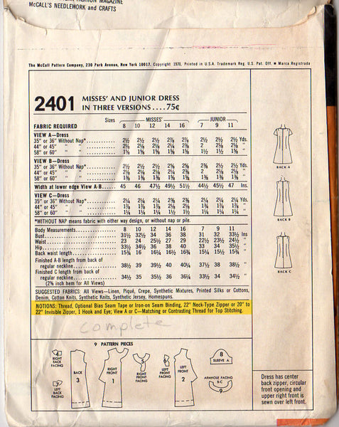 McCall's 2401 Vintage 1970 Misses Crossover Neckline Dress Sewing Pattern Bust 36 - Avid Vintage