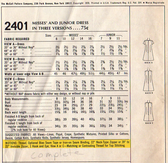 McCall's 2401 Vintage 1970 Misses Crossover Neckline Dress Sewing Pattern Bust 36 - Avid Vintage