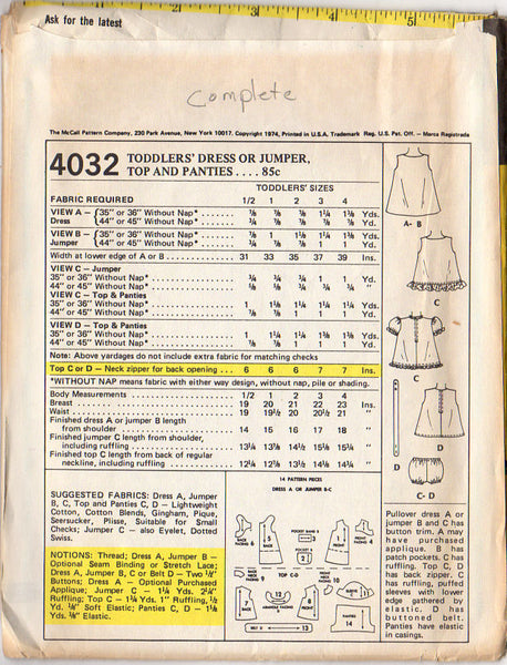 McCall's 4032 Vintage 1970s Toddlers Dress or Jumper Top and Panties Sewing Pattern Size 3 - Avid Vintage