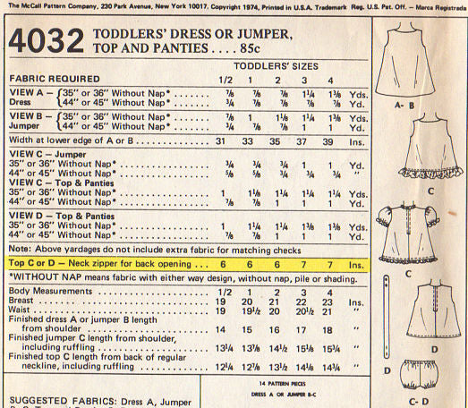 McCall's 4032 Vintage 1970s Toddlers Dress or Jumper Top and Panties Sewing Pattern Size 3 - Avid Vintage