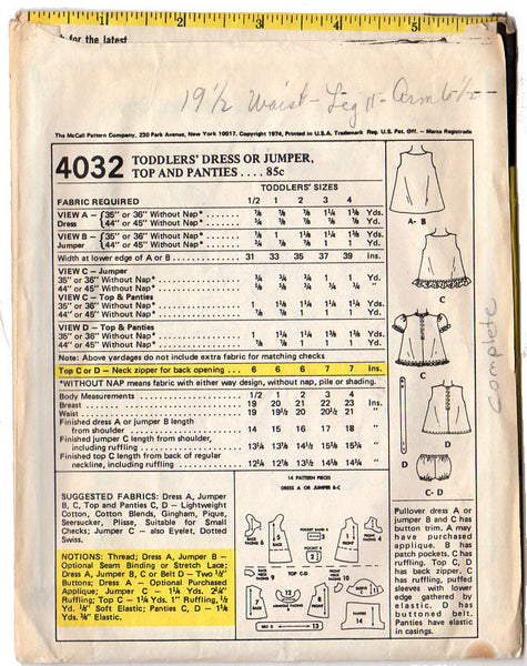 McCall's 4032 Vintage 1970s Toddler Dress or Jumper Top and Panties Sewing Pattern Size 2 - Avid Vintage