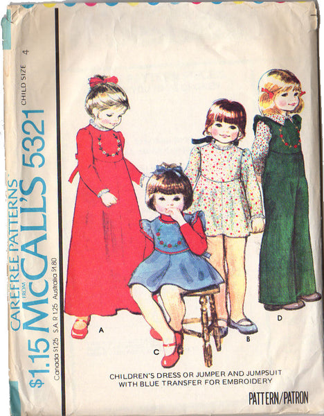 McCall's 5321 Vintage 1970s Girls Dress and Jumpsuit Sewing Pattern Size 4 - Avid Vintage