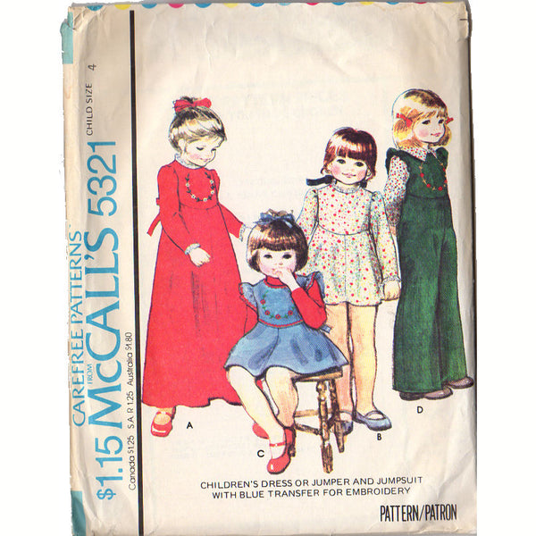 McCall's 5321 Vintage 1970s Girls Dress and Jumpsuit Sewing Pattern Size 4 - Avid Vintage