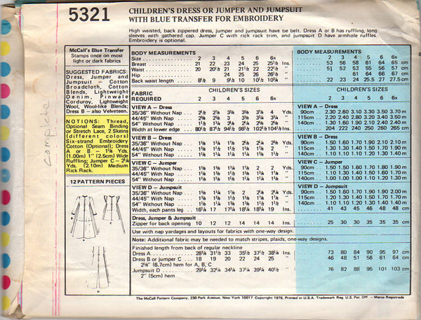 McCall's 5321 Vintage 1970s Girls Dress and Jumpsuit Sewing Pattern Size 4 - Avid Vintage