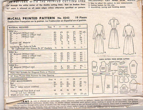 Vintage 1950s McCall Sewing Pattern 8242 Junior Below the Knee Dress Bust 33 - Avid Vintage