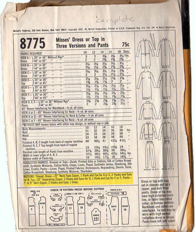 McCall's 8775 Vintage 1960s Misses' Dress Top Pants Sewing Pattern Bust 32 - Avid Vintage