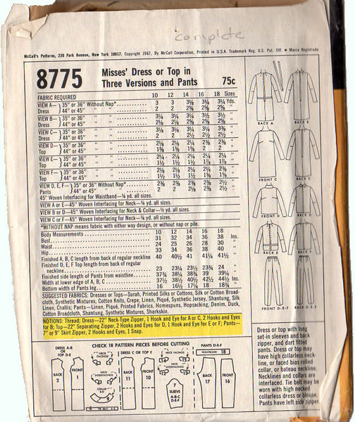 McCall's 8775 Vintage 1960s Misses' Dress Top Pants Sewing Pattern Bust 32 - Avid Vintage