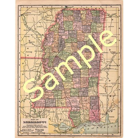 Printable Old 1902 Mississippi State and County Map Instant Color Download - Avid Vintage