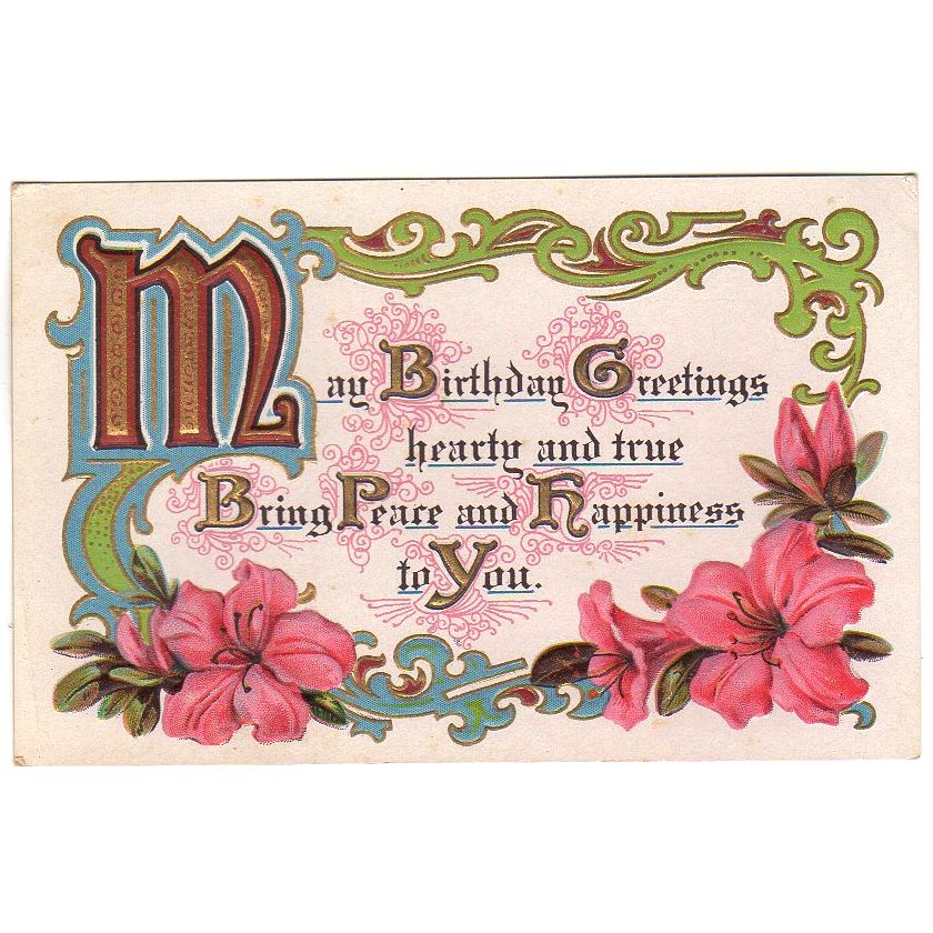 Antique Birthday Postcard, Pink Roses, Heavily Embossed, A Happy