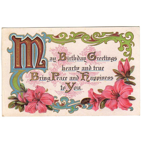 Motto Series Birthday Greetings Antique Embossed Postcard Pink Flowers - Avid Vintage