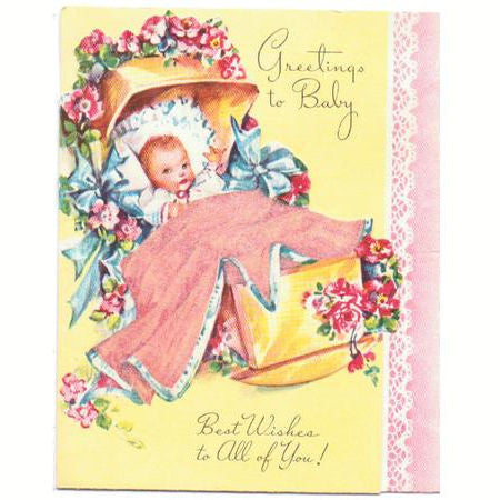 Vintage 1940s New Baby Congratulations Greeting Card Flocked Blanket Infant in Cradle - Avid Vintage