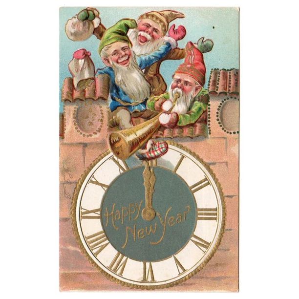 New Year Gnomes Antique 1910s  Embossed Postcard Horn Clock - Avid Vintage
