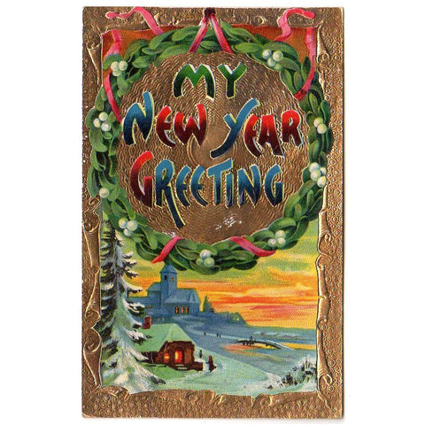 New Year Greeting Vintage Postcard Winter Church Scene Gold Foil Border Unused - Avid Vintage