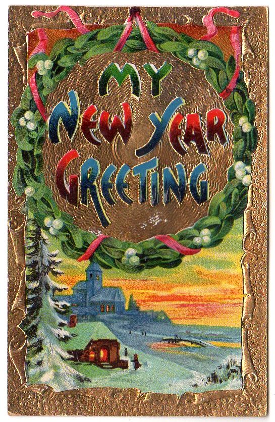 New Year Greeting Vintage Postcard Winter Church Scene Gold Foil Border Unused - Avid Vintage