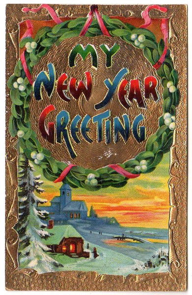 New Year Greeting Vintage Postcard Winter Church Scene Gold Foil Border Unused - Avid Vintage