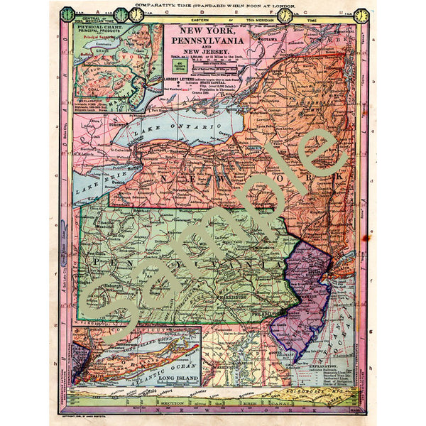 Printable Map of New York Pennsylvania New Jersey 1885 Antique Color Image Instant Download - Avid Vintage