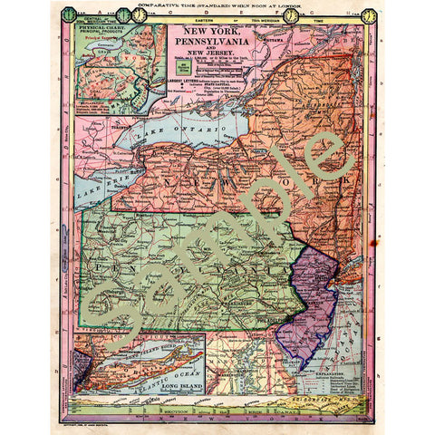 Printable Map of New York Pennsylvania New Jersey 1885 Antique Color Image Instant Download - Avid Vintage