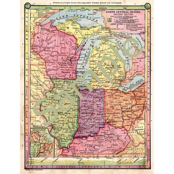Printable Antique 1885 Color Map of Wisconsin Michigan Illinois Indiana Ohio Kentucky - Avid Vintage