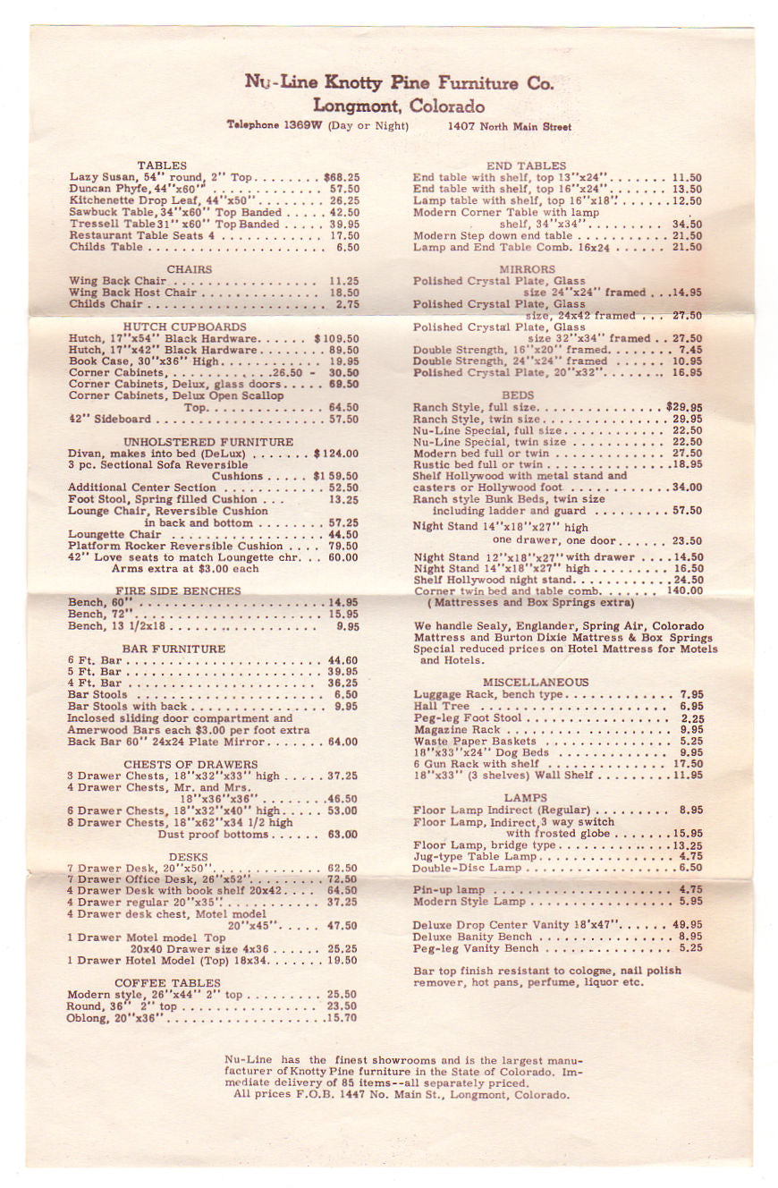 Nu Line Knotty Pine Furniture Longmont Colorado Product Brochure and Price List - Avid Vintage