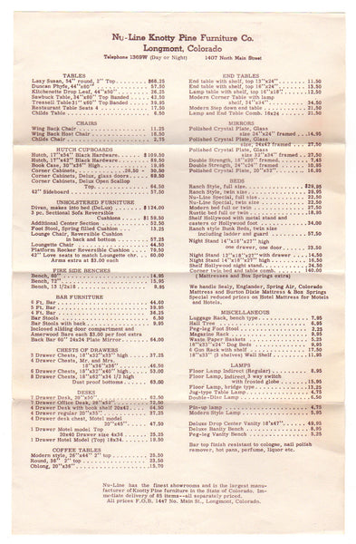 Nu Line Knotty Pine Furniture Longmont Colorado Product Brochure and Price List - Avid Vintage