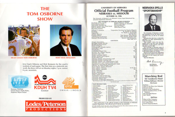 Vintage Nebraska Football Program Huskers vs. Missouri Tigers October 18, 1986 - Avid Vintage