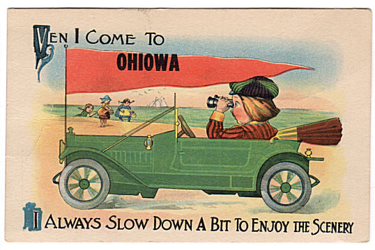 Vintage Greeting Postcard Ohiowa Nebraska Boy Antique Car Binoculars Orange Pennant - Avid Vintage