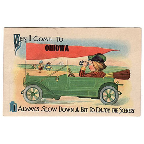 Vintage Greeting Postcard Ohiowa Nebraska Boy Antique Car Binoculars Orange Pennant - Avid Vintage