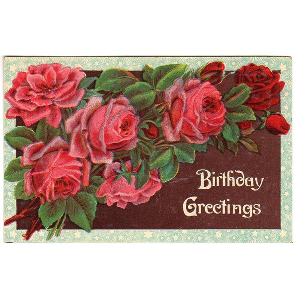 Old Vintage Birthday Postcard Pink and Red Roses Starburst Border - Avid Vintage